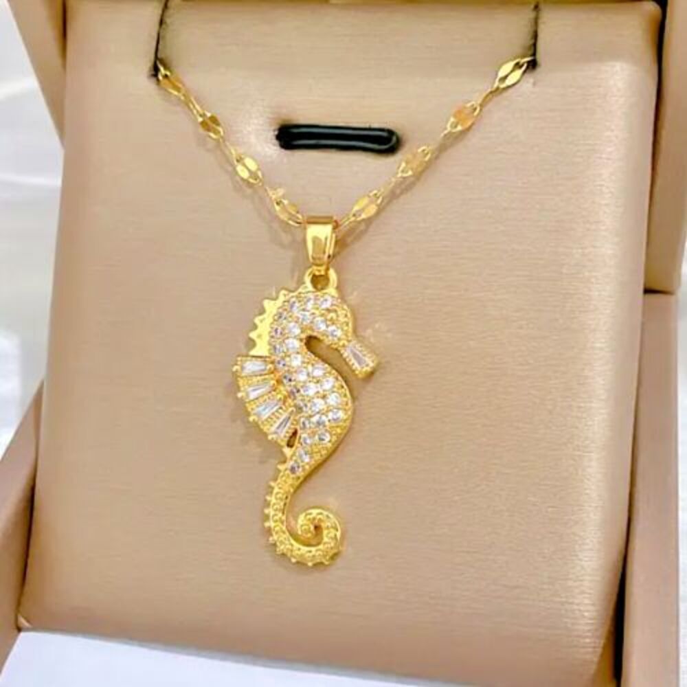 Gold Seahorse Rhinestones Necklace Beach Ocean Sea